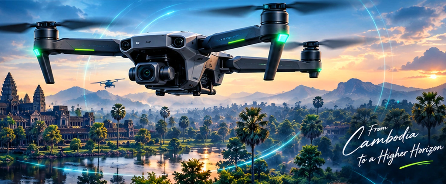 Drone concept above a Cambodian landscape at sunset